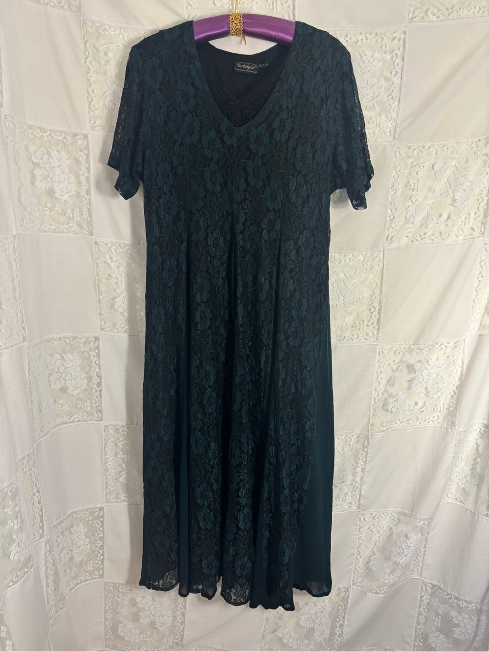 VTG Black+Green Lace Whimsigoth‎ Romantic Short Sleeve Flowy Maxi Dress Size L